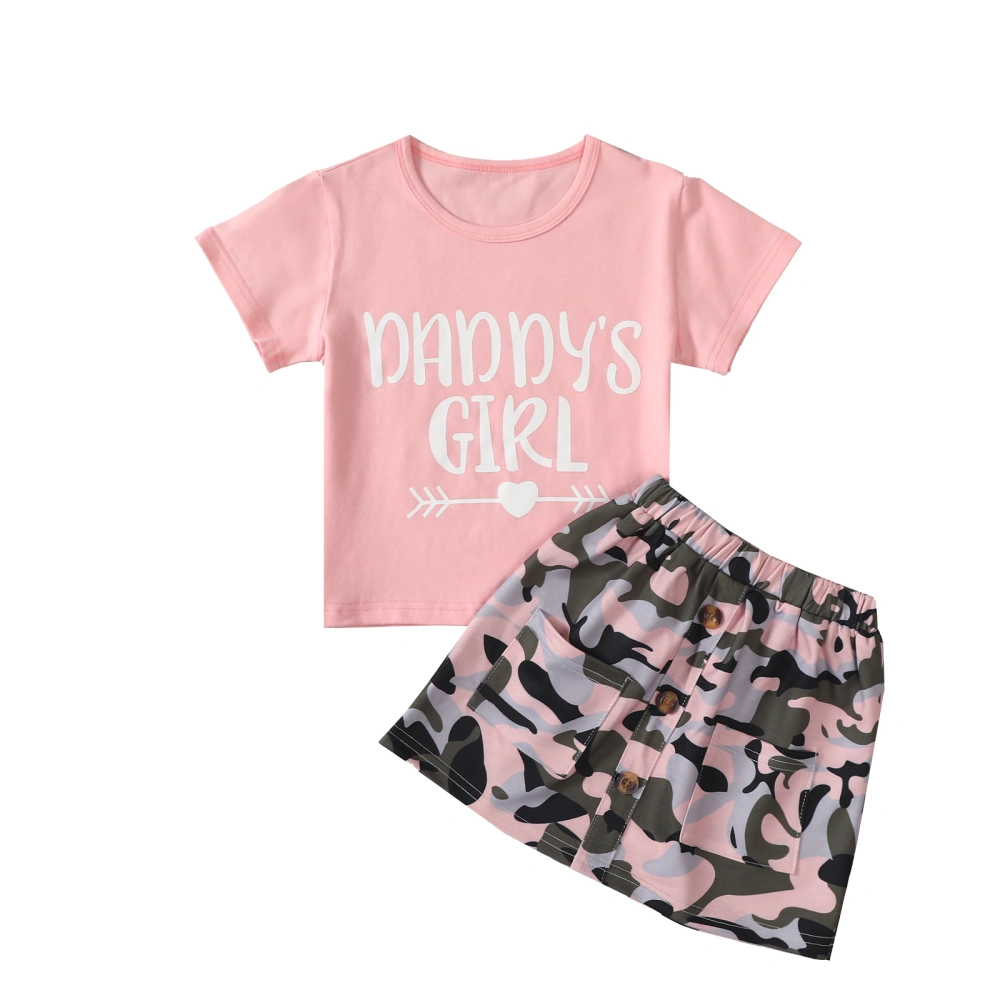 Girl’s Letter Short Sleeve T-shirt and Camouflage Short Skirt Set