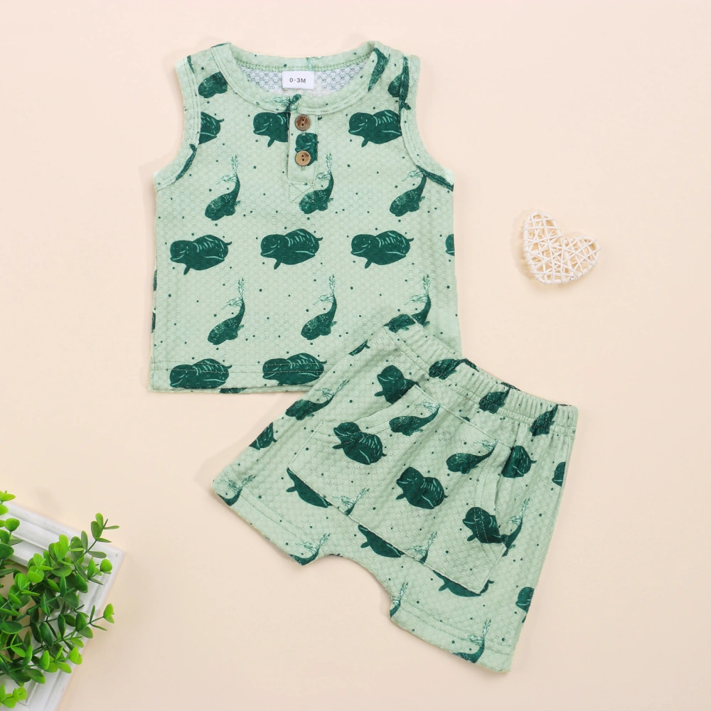 Baby Turtle/Fish Print Clothes Set, Sleeveless Vest+Shorts with Pocket