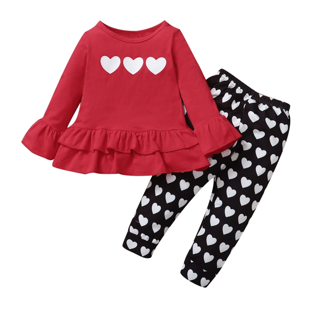 2Pcs Girls Fall Outfits, Heart Print Long-Sleeve Tops + Long Pants