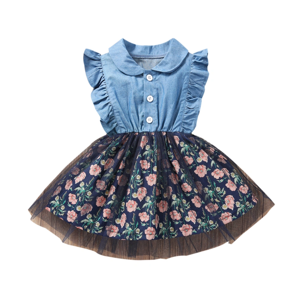 Girls Floral Print Denim Dress, Sleeveless Lapel Neck Mesh Sundress