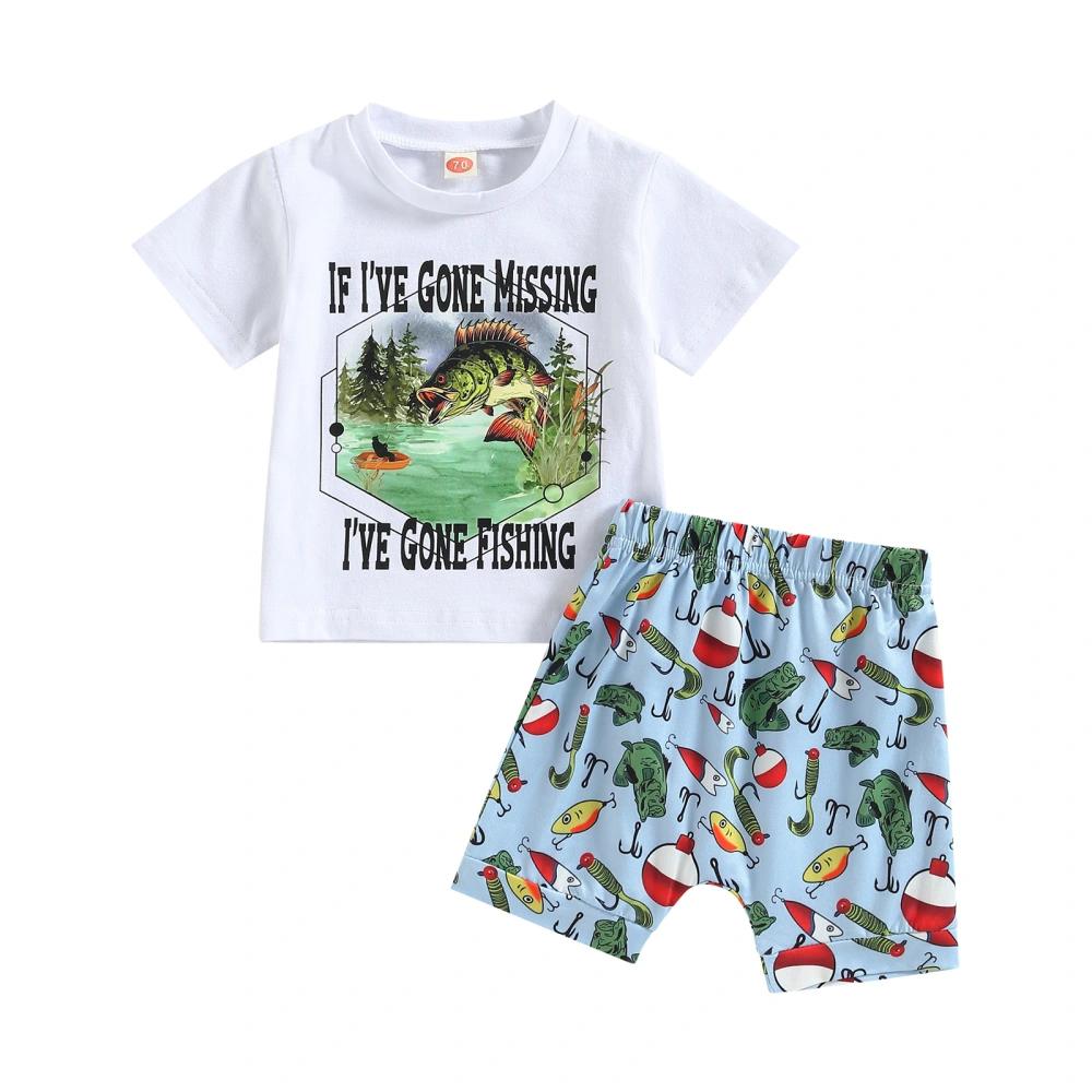 Baby Boys White Short Sleeve Letter Print Tops + Fish Print Shorts