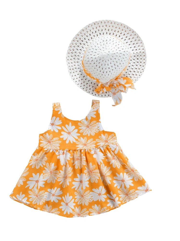 Little Girls Dress, Printing Suspender Princess Skirt, Straw Hat