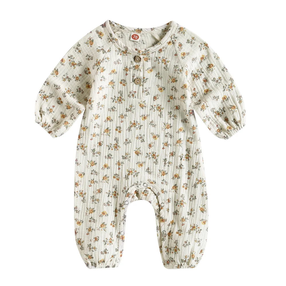 Baby Girl Spring Romper, Long Sleeve Button Up Round Neck Floral Print Infant Jumpsuit