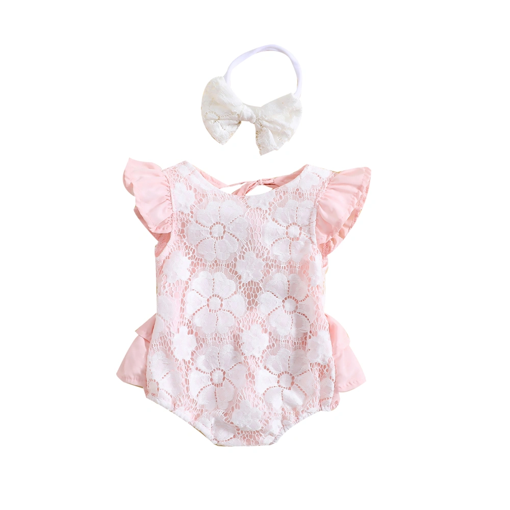 Baby Girls Romper Set, Fly Sleeve Lace Patchwork Romper + Hairband