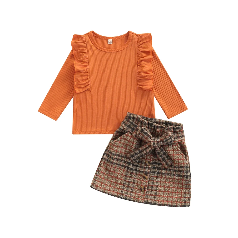 Kids Girl Clothes Outfit Baby Flying Sleeve Tops and Plaid Belt Skirt