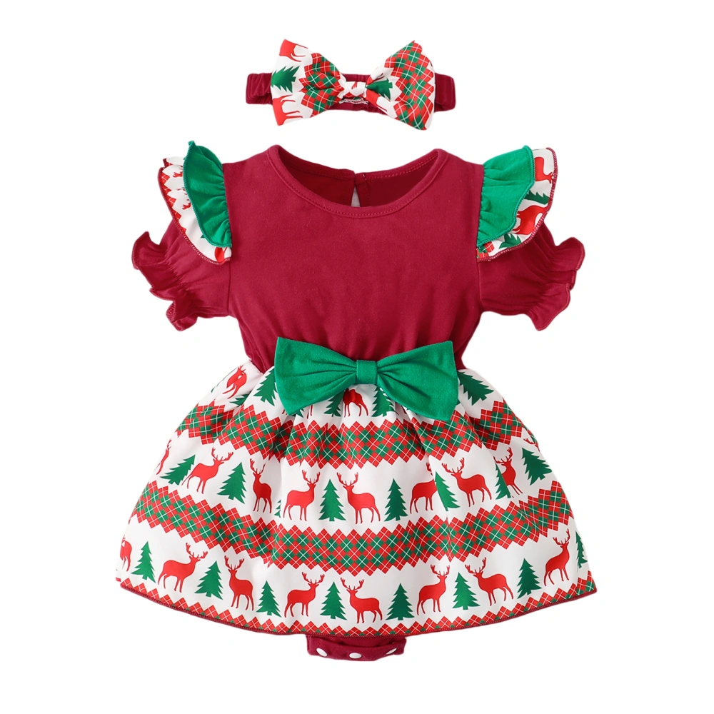 Infant Girls Christmas Romper, Tree & Elk Ruffle Romper + Headband