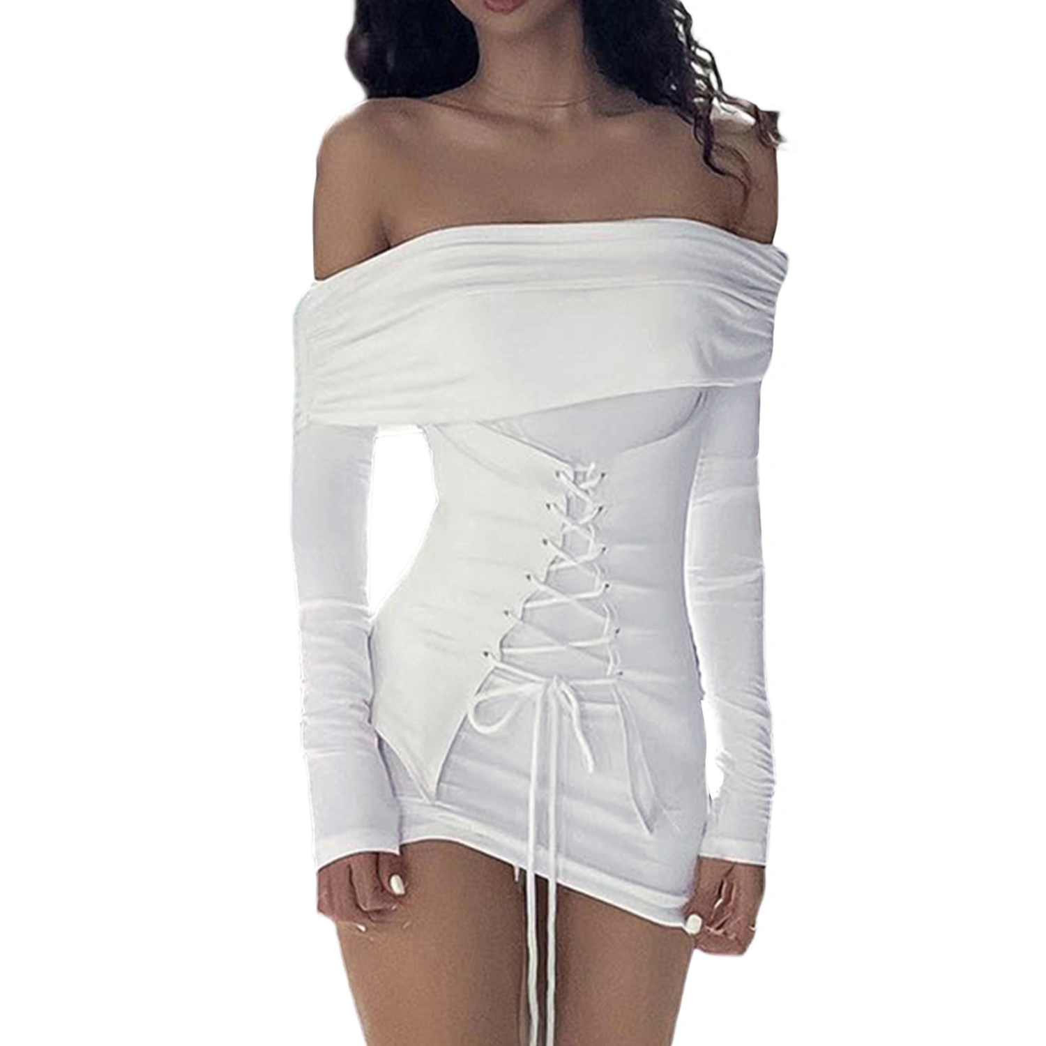 Women Mini Bodycon Dress Solid Color Boat Neck Cross Short Dress