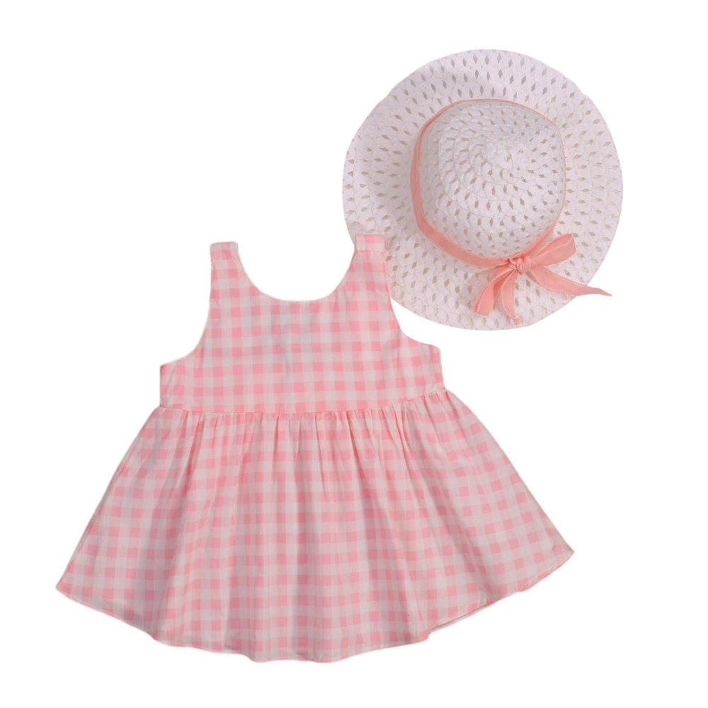 Little Girls Dress, Plaid Suspender Princess Skirt, Straw Hat