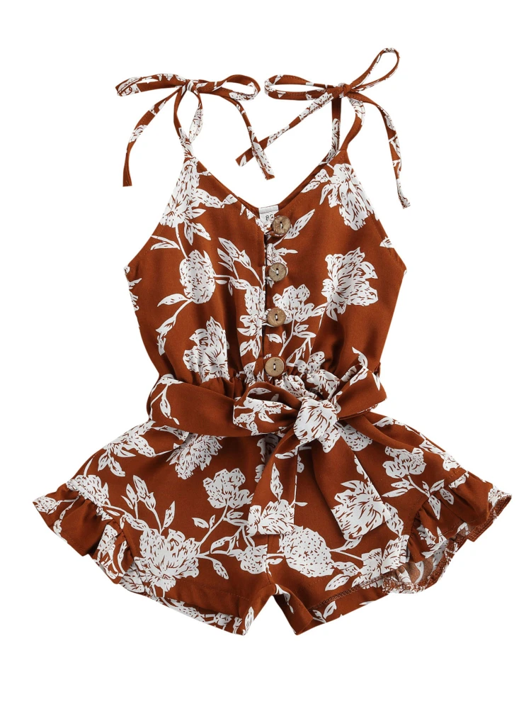 Girls Floral Print Sling Romper, Sleeveless Short Jumpsuit with Ruffle