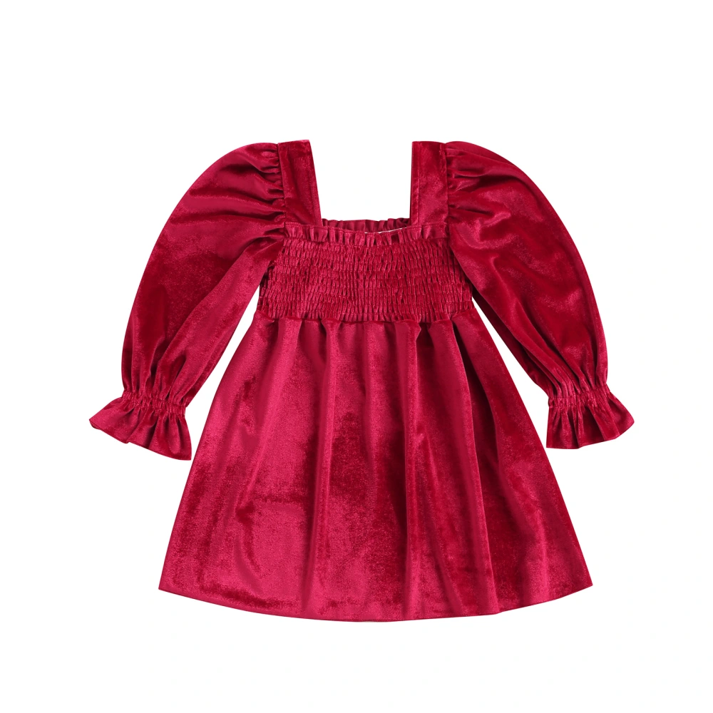 Toddler Girl Velvet Dress, Long Sleeve Solid Color Frill Smocked Dress