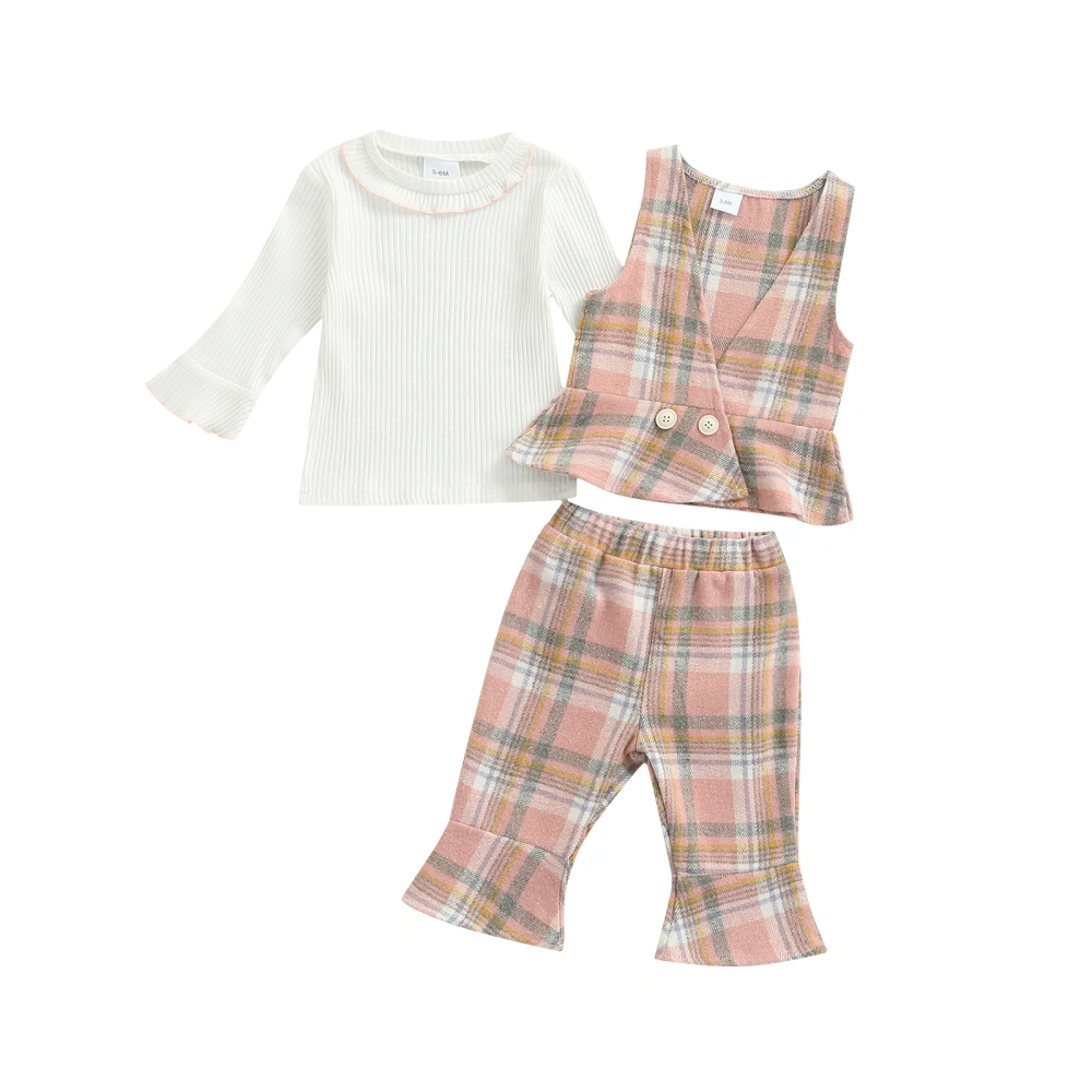 Baby Girl Pants Set, Long Sleeve Tops + Plaid Vest + Long Pants Set