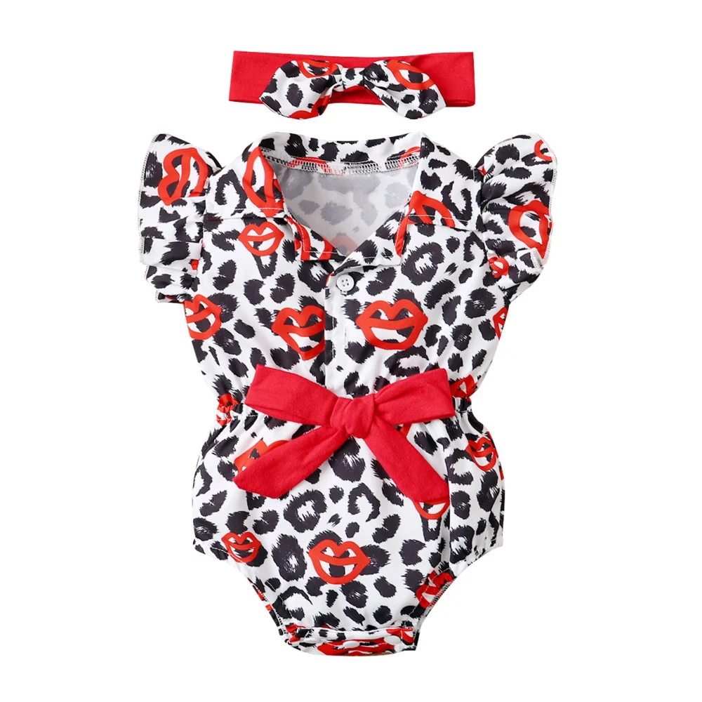 Leopard & Lip Print Fly Sleeve Lapel Romper with Bowknot + Headband