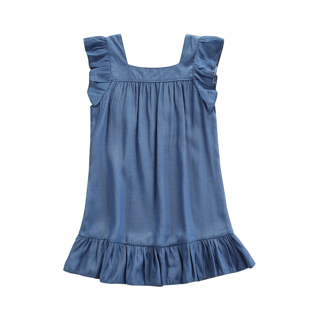 Girls Solid Color Denim Dress, Square Collar Ruffle Hem Dress