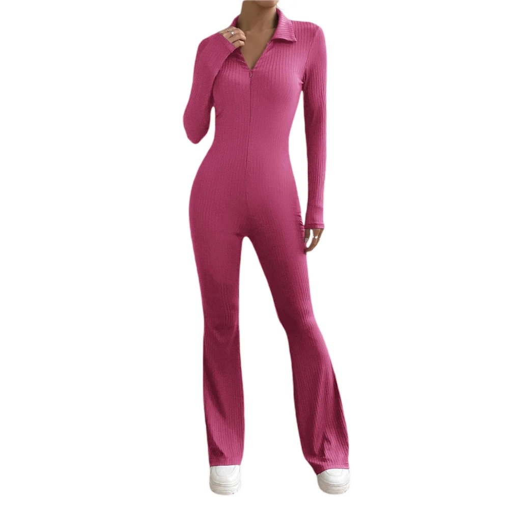 Women Jumpsuit, Long Sleeve Turn-down Collar Zipped Flare Pants