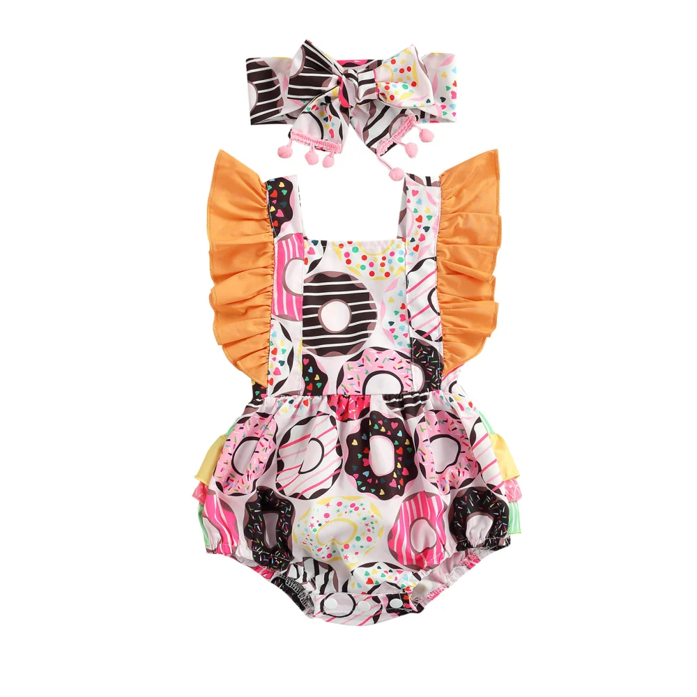 Tie-Up Ruffled Fly Sleeve Romper + Bowknot Headband with Pompoms