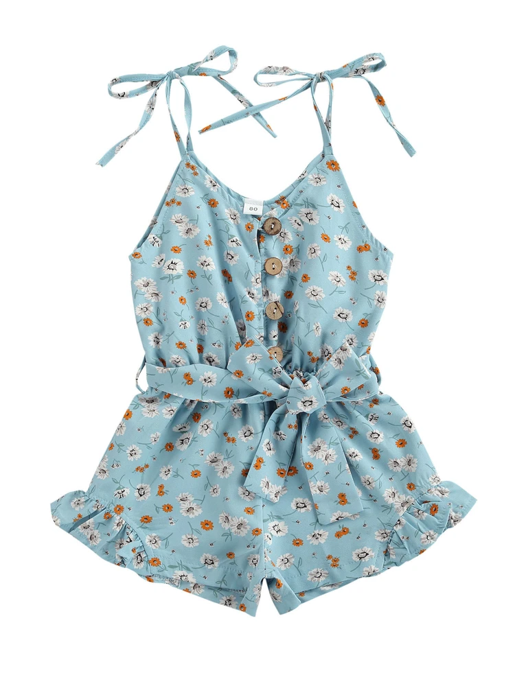 Girls Floral Print Sling Romper, Sleeveless V-neck Short Jumpsuit