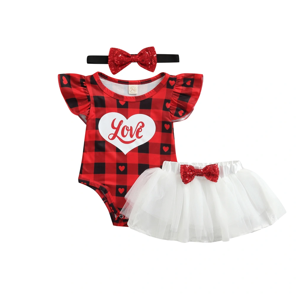 Love & Letter Print Plaid Bodysuit + Tulle Skirt with Bow + Headband