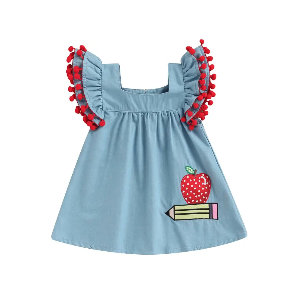 Little Girls Sweet Style Dress, Square Collar Denim Princess Skirt