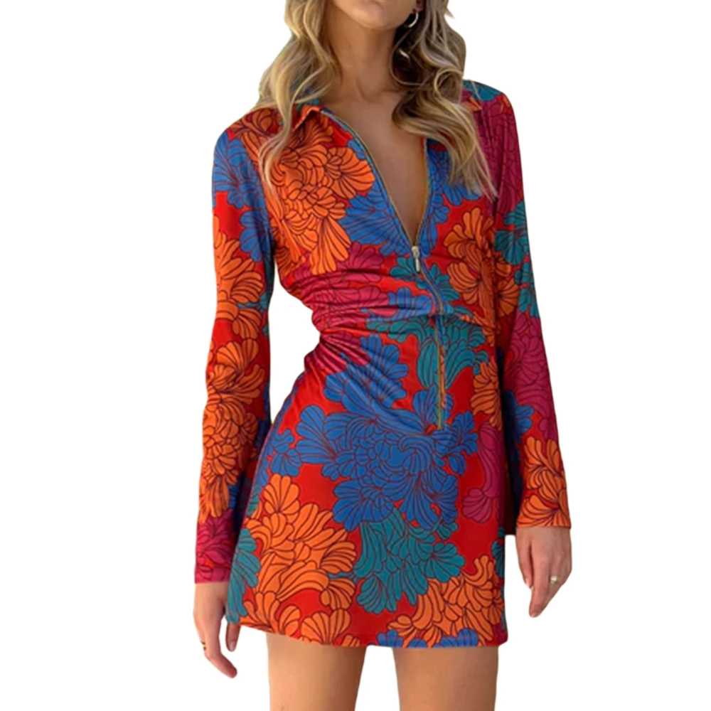 Female Flower Print Lapel Long Sleeve Short Dress with Zipper