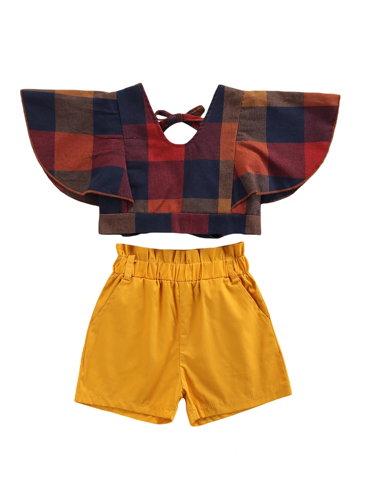 Baby Short Sleeve + Shorts, Plaid Print Elastic Loose High Waist