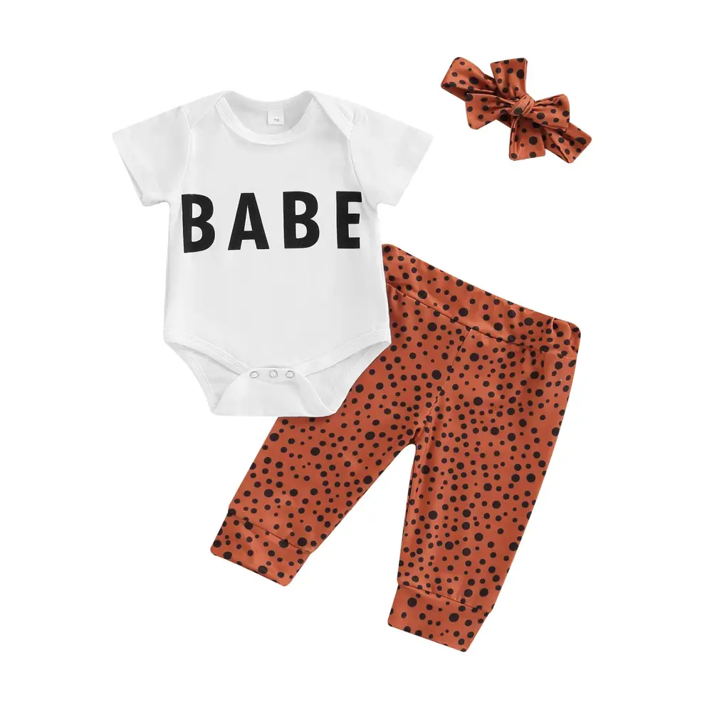 Baby Girls Romper Set, Letters Print Romper Dots Pants with Hairband 