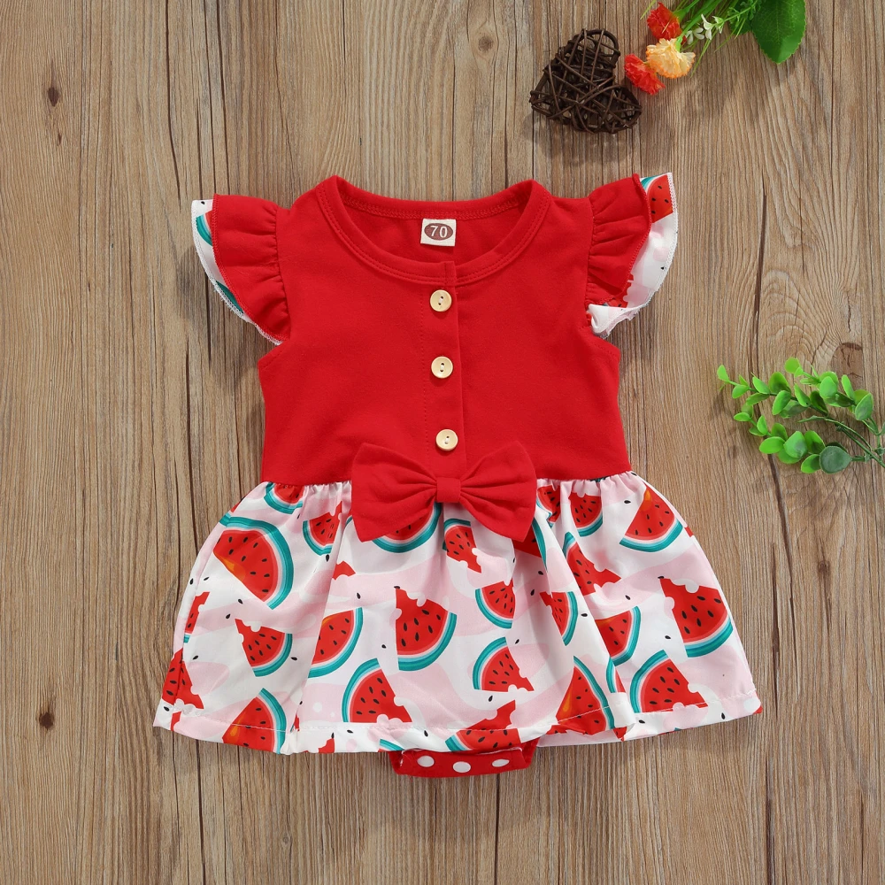 Watermelon Print Fly Sleeve Round Neck Romper Dress with Bowknot