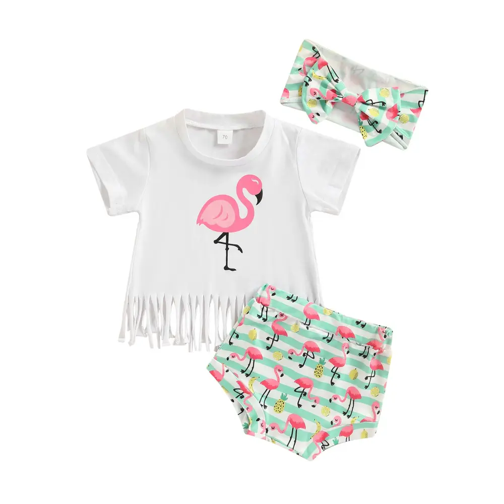 Sister Matching Pants Suits, Flamingo T-Shirt + Pants + Headband Set