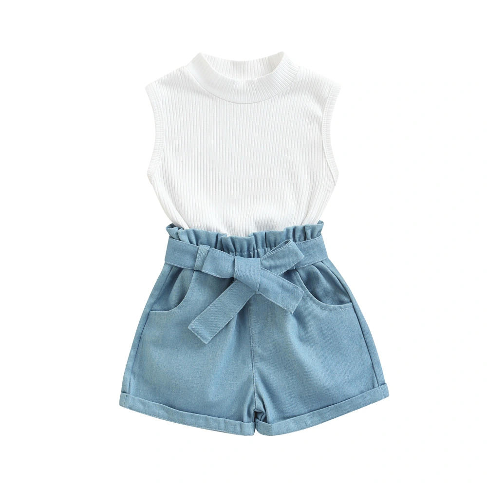 Girls 2Pcs Summer Outfits, Mock Neck Ribbed Tank Tops + Denim Shorts