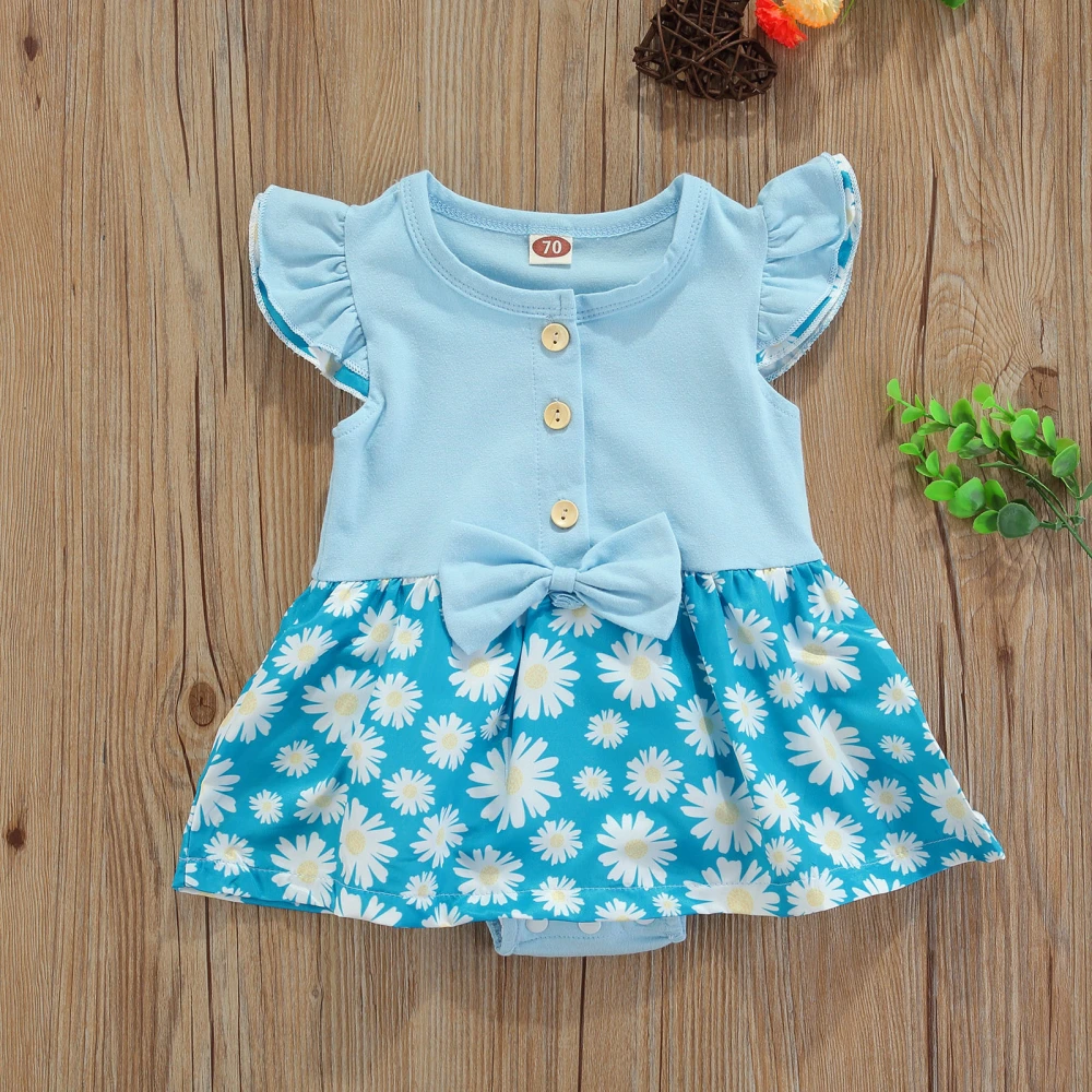 Baby Girl Summer Bodysuit, Fly Sleeve Daisy Print Romper Tutu Dress