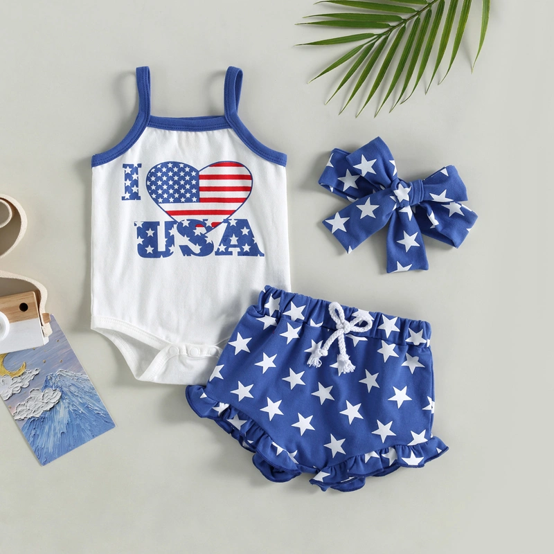 Girls Sleeveless Letter Flag Romper + Stars Print Shorts + Headband