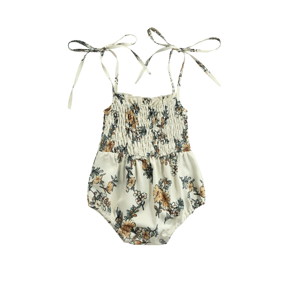 Baby Floral Print Short Romper, Girl Sleeveless Tie-up Sling Jumpsuit