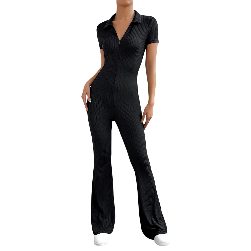 Women’s Bodycon Jumpsuit, Short Sleeve Zip Up Romper Flare Pants