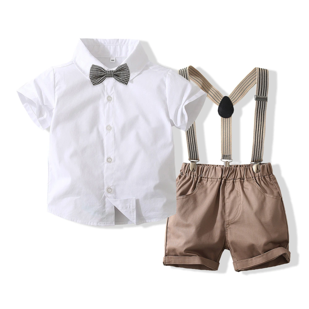 Boys White Short Sleeve Button Shirt + Solid Color Suspender Shorts