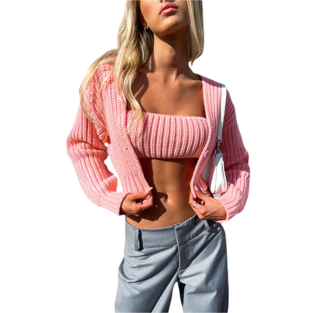 Women Sweater Set, Solid Color Cropped Knit Cardigan + Tube Tops