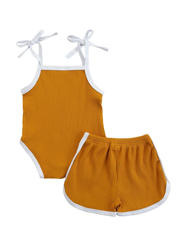 Baby Contrast Color Clothes Set, Sling Romper+Side Split Short Pants