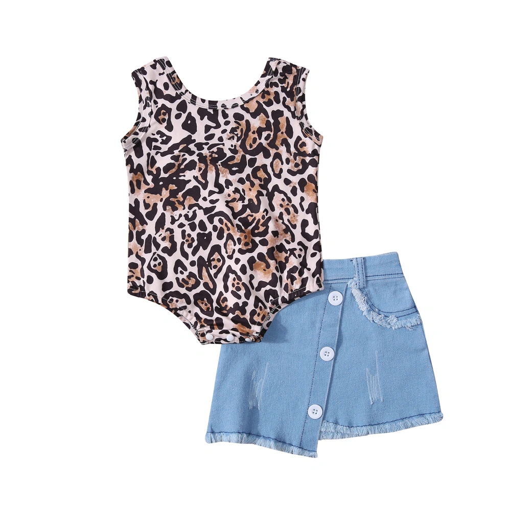 Baby Girl 2Pcs Summer Outfit, Sleeveless Leopard Romper + Denim Skirt