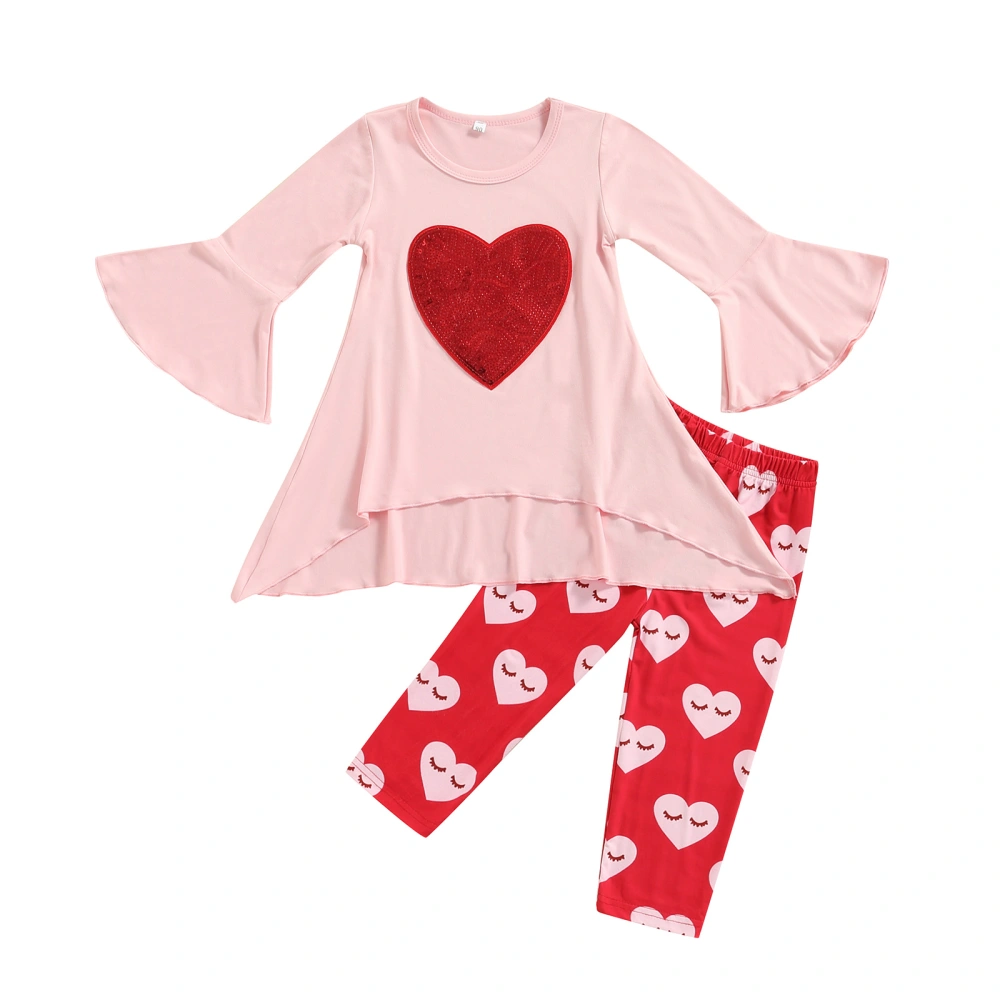 Girl's Two-Piece Suit, Sequin Heart Pattern Flared Sleeve Tops + Pants