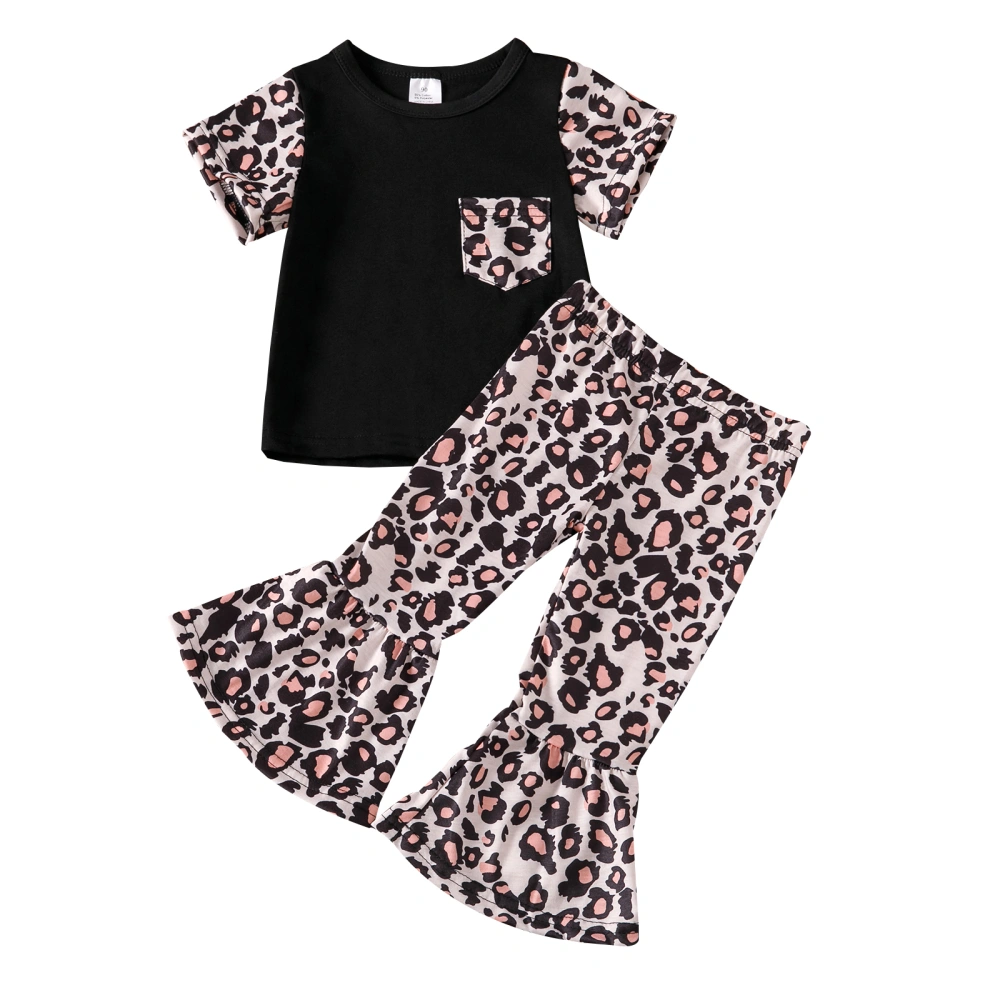 Girls Leopard Print Clothes Set, T-shirt with Pocket + Flared Trousers