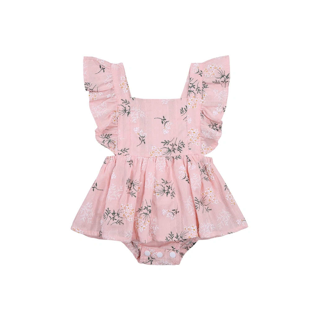 Infant Sleeveless Romper with Flower Print, Ruffle Hem Decoration