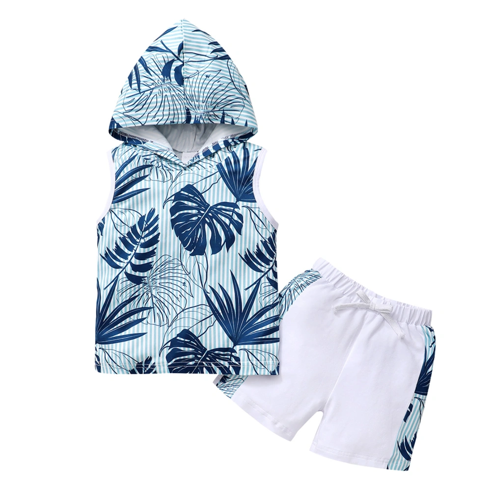 Boys Sleeveless Leaf Print Hooded Vest + White Drawstring Shorts