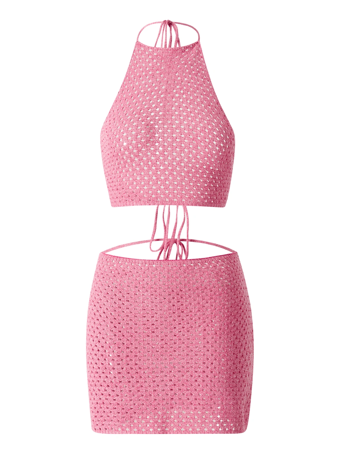 Women's Knitted Skirt Suit Solid Tie Back Halter Crop Tops Mini Skirt