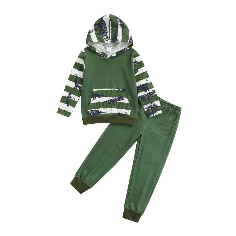 Boy's Two-Piece Suit, Dinosaur Print Stripe Long Sleeve Hoodie + Pants