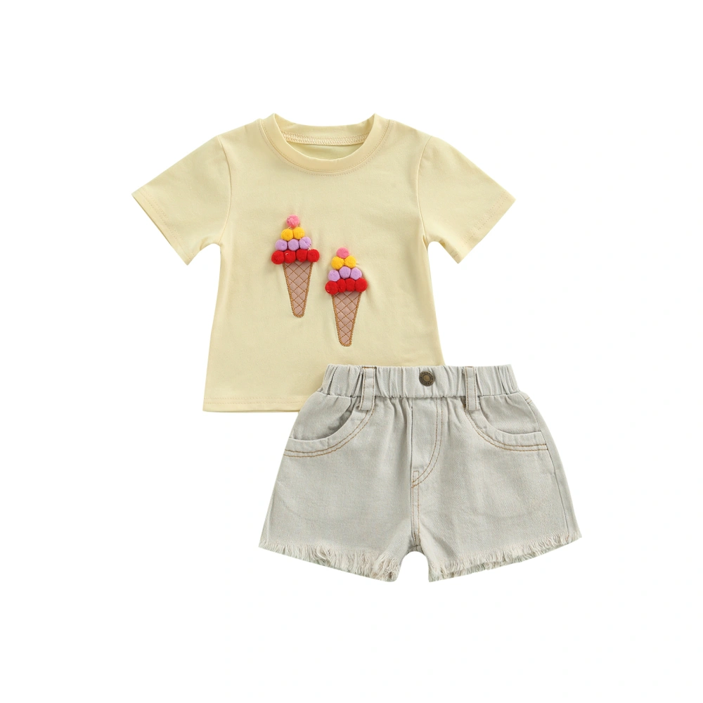 Baby Kid Girls Shorts Set, 3D Ice Cream T-shirt with Denim Shorts