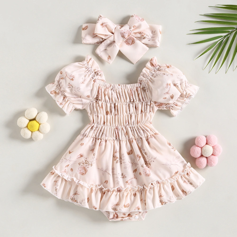 Baby Girls Romper Set Off-shoulder Floral A-line Dress + Headband