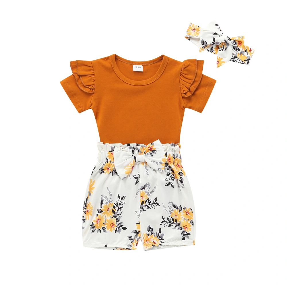 Girl's Three-Piece Suit, Ruffle Short Sleeve Tops + Shorts + Headband