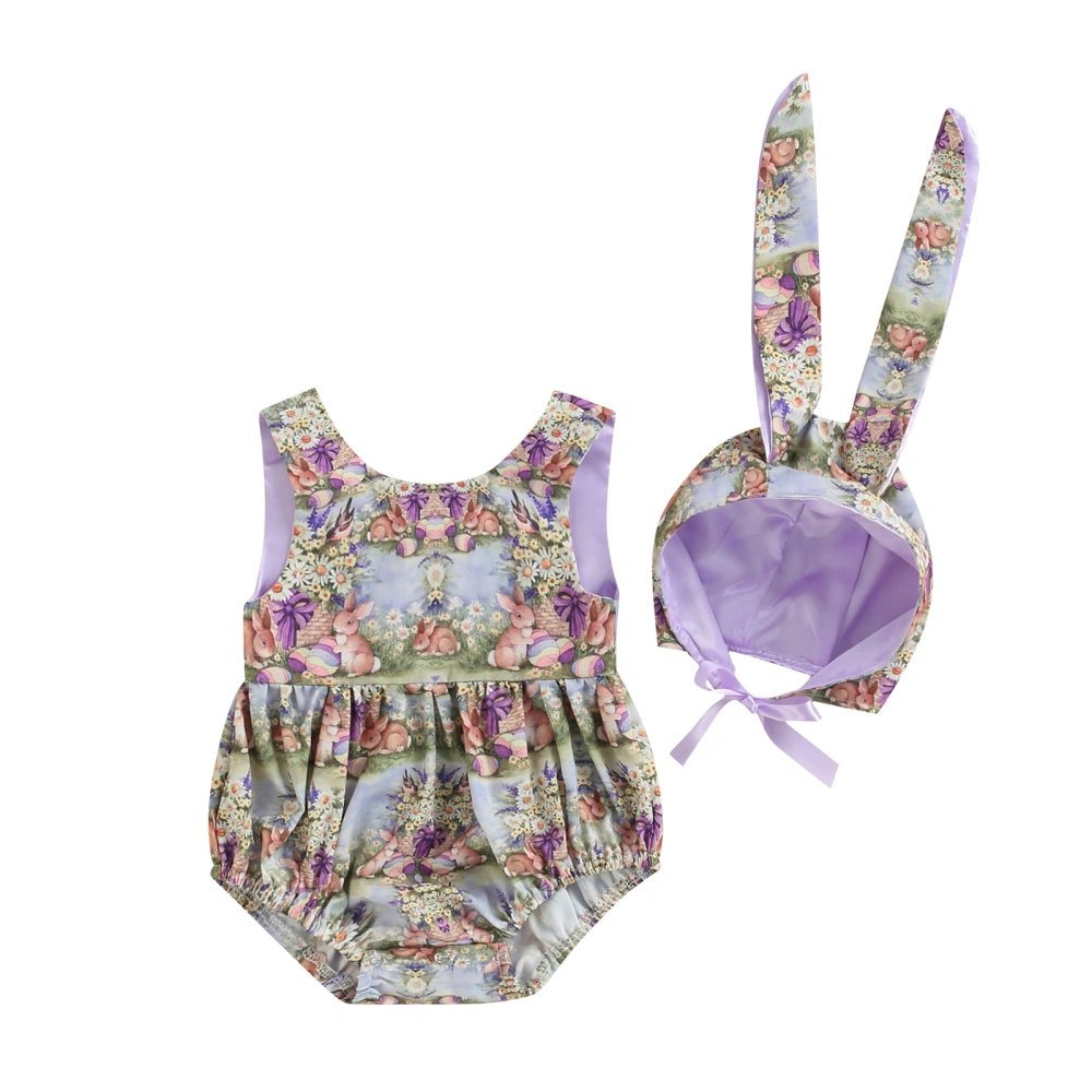 Baby Girl's Two-Piece Suit Rabbit Print Sleeveless Romper + Tie-Up Hat