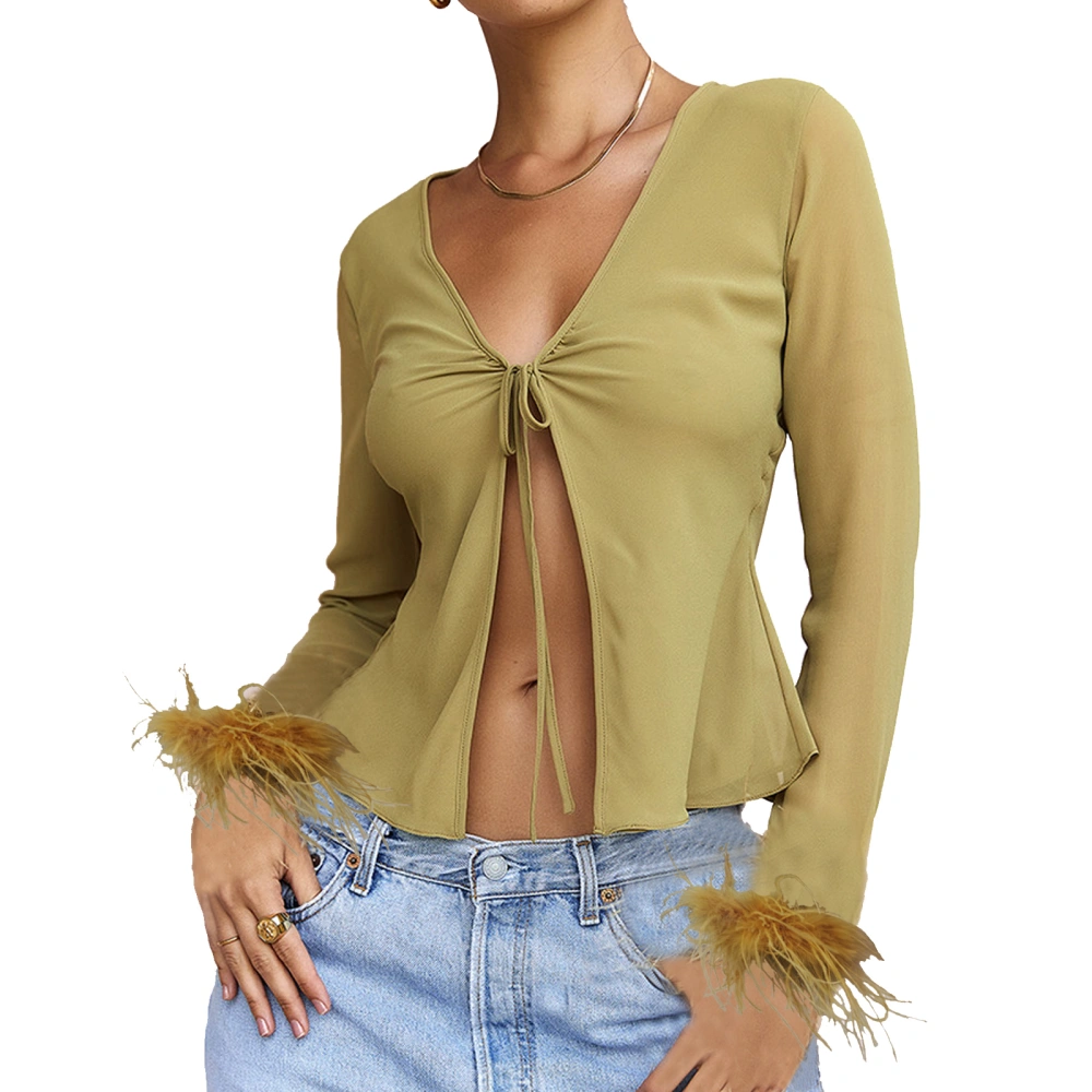 Women Tops Long Sleeve V-neck Lacing Feather Slim Fit Autumn Tops