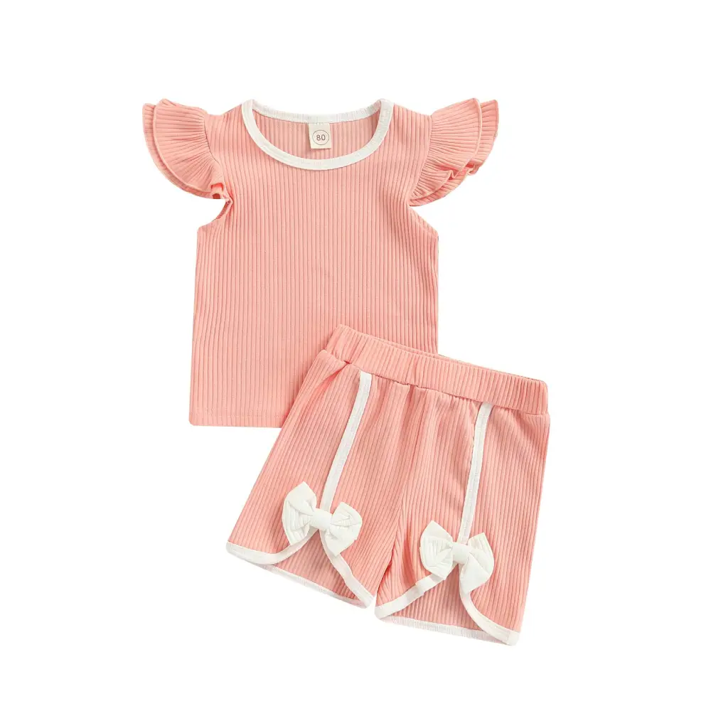 Girls 2 Pieces Outfit, Fly Sleeve Contrast Color T-Shirt + Shorts