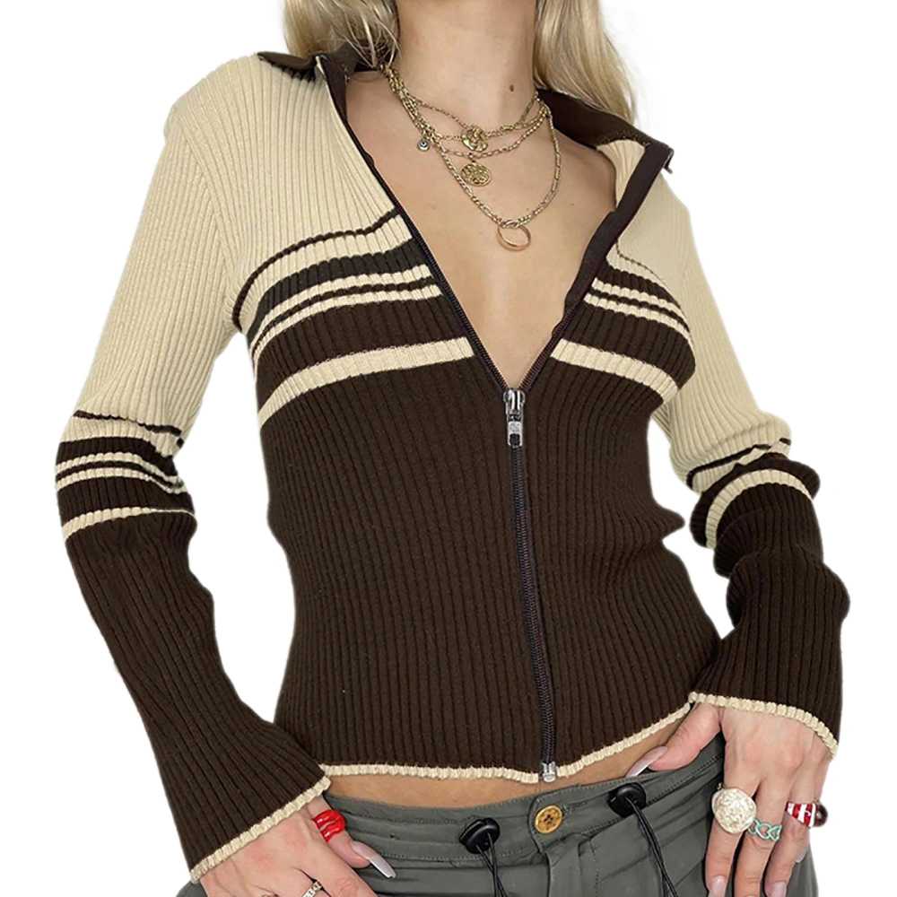 Women Knitted Zip Up Sweater Slim Fit Contrast Color Cardigan Tops 