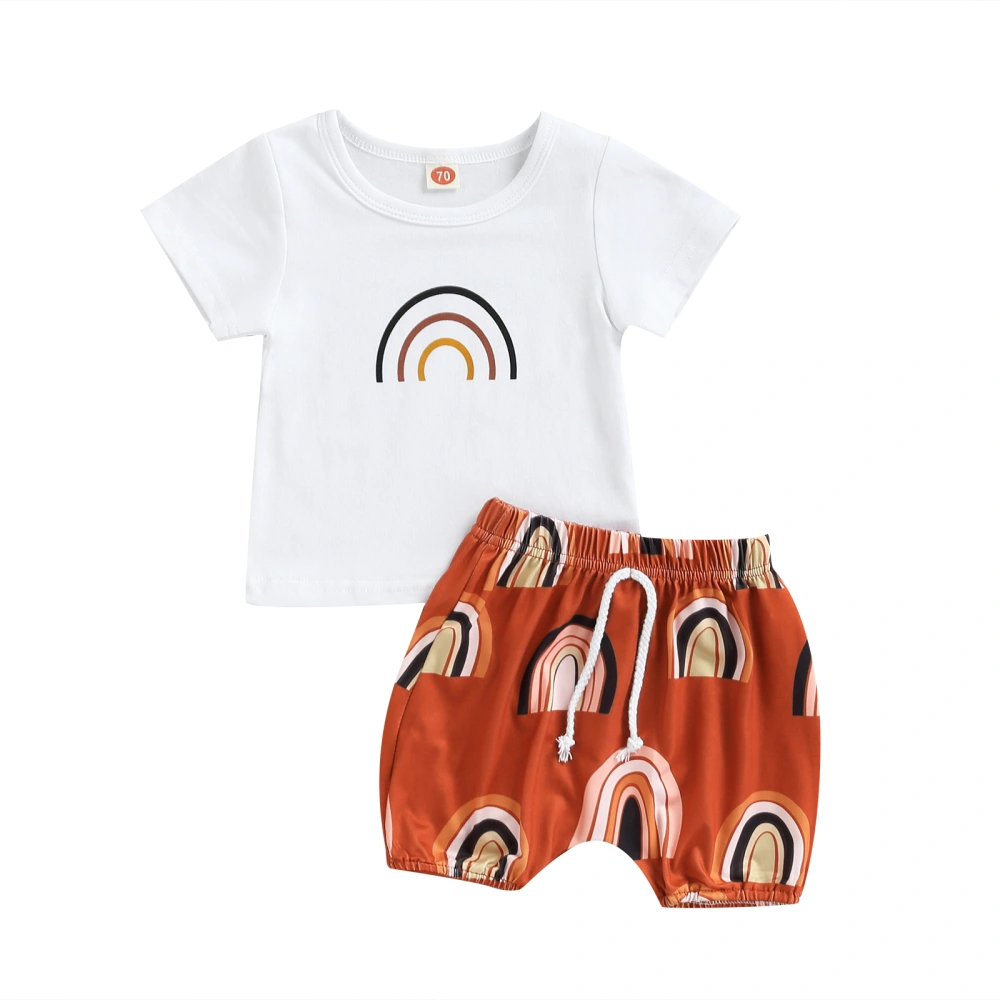 Boys White Short Sleeve T-shirt + Rainbow Print Drawstring Shorts